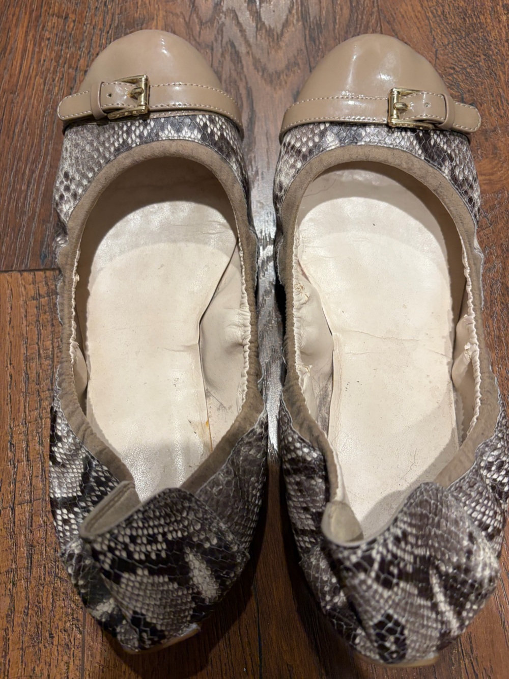 Cole Haan Beige and Gray Snake-Print Ballet Flats with Buckle